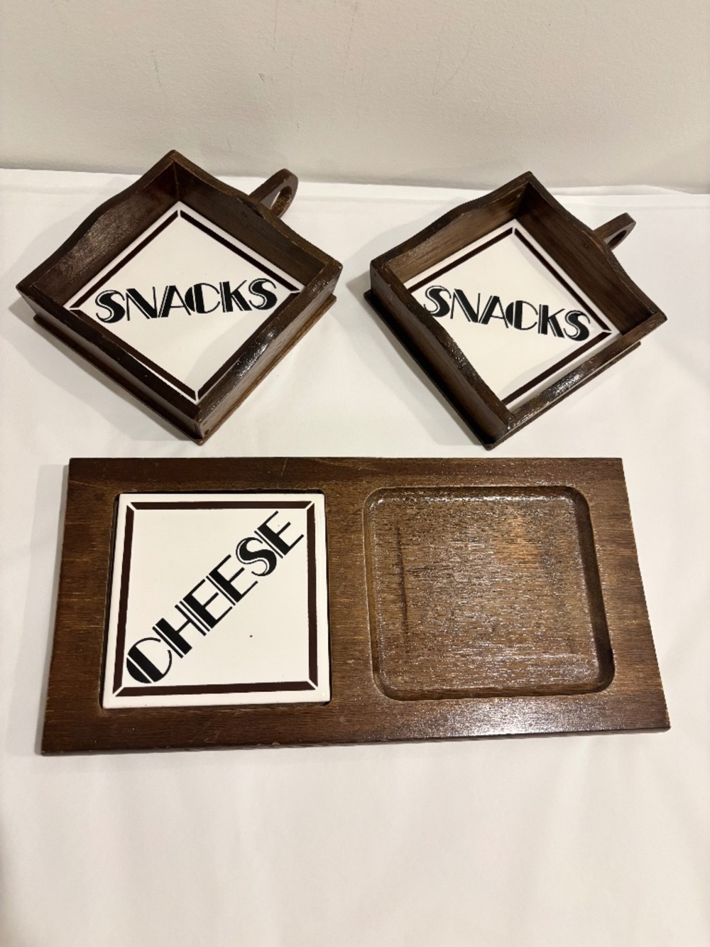 Vintage 1970's snack & cheese tray SET OF THREE wood & ceramic tile brown white